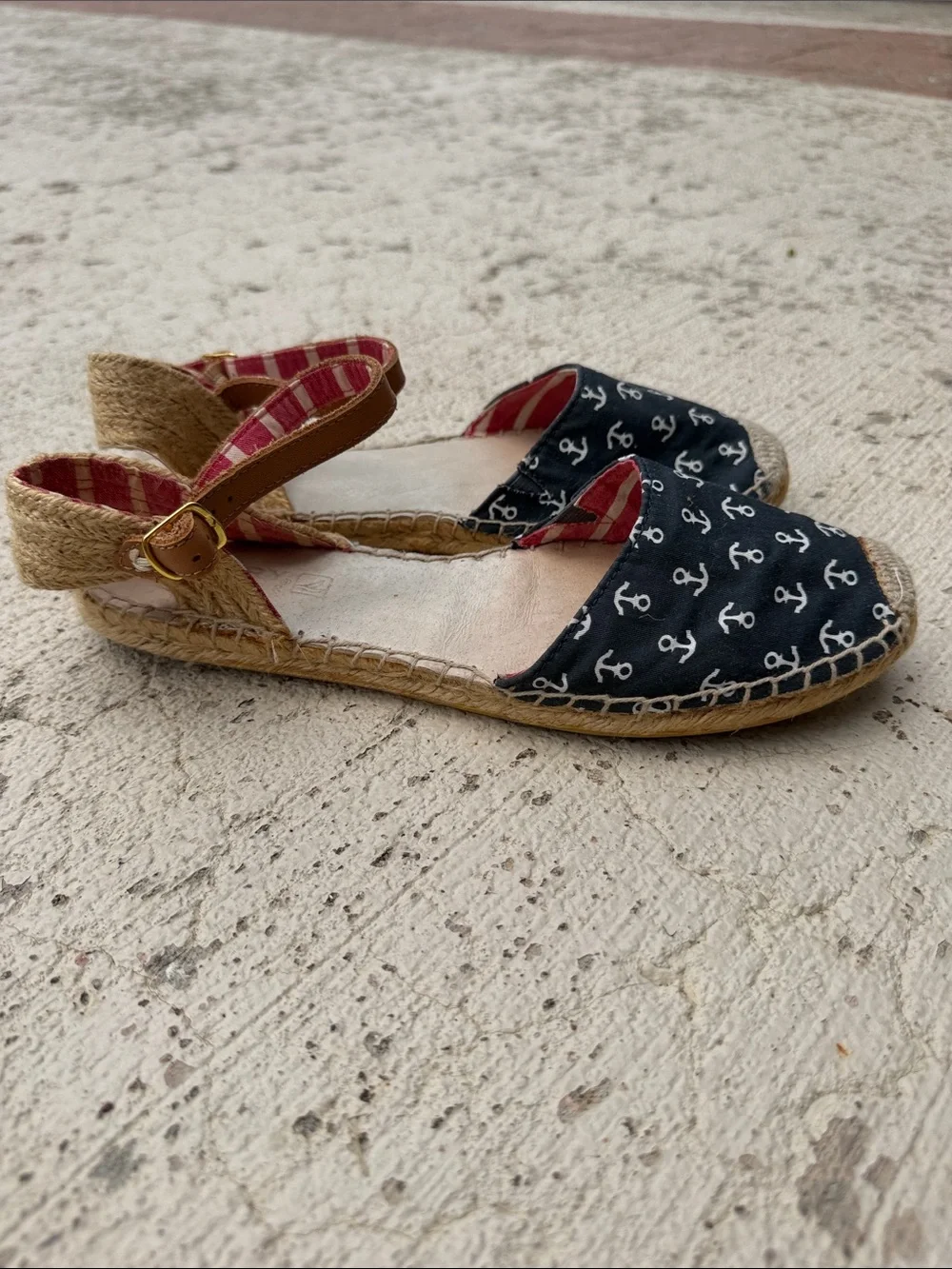 Sperry Black Anchor Print Espadrille Wedges with Red Stripe Ankle Strap - Picture 7 of 12
